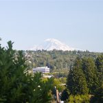 Mount Rainier, from the deck. Not a glimpse — the whole mountain.