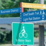 Neighborhood wayfinding points the way to Kubota Garden, the Rainier Beach business district, Chief Sealth Trail and Link light rail.